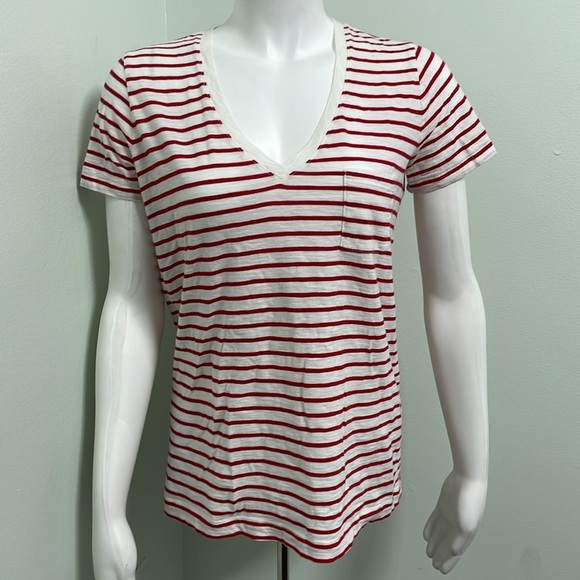 Madewell Striped Teresa Red and White Cotton V-Neck Pocket Tee Small - Picture 3 of 8